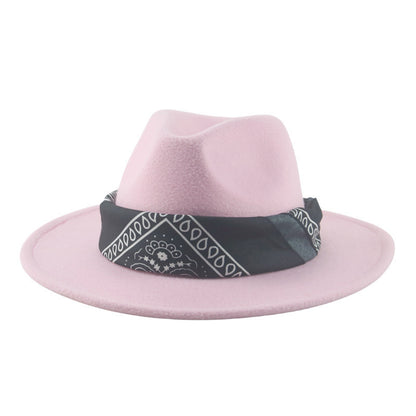 Paisley Ribbon Wide Brim Woolen Top Hat Felt Cowboy Hat - Urban Caps 