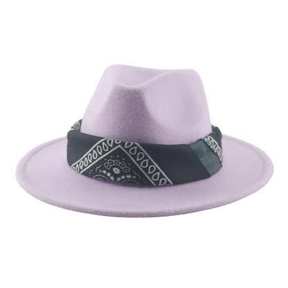 Paisley Ribbon Wide Brim Woolen Top Hat Felt Cowboy Hat - Urban Caps 