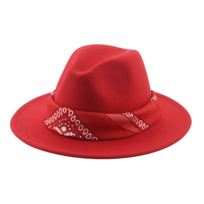 Paisley Ribbon Wide Brim Woolen Top Hat Felt Cowboy Hat - Urban Caps 