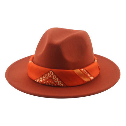 Paisley Ribbon Wide Brim Woolen Top Hat Felt Cowboy Hat - Urban Caps 
