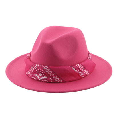 Paisley Ribbon Wide Brim Woolen Top Hat Felt Cowboy Hat - Urban Caps 