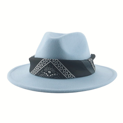 Paisley Ribbon Wide Brim Woolen Top Hat Felt Cowboy Hat - Urban Caps 
