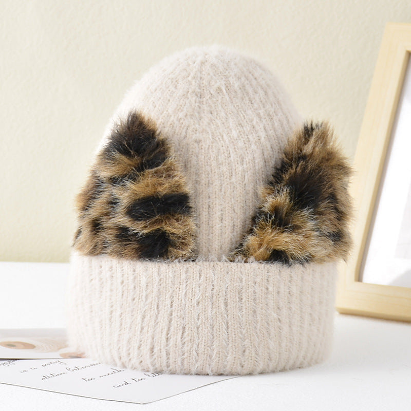 New Leopard Print Cat Ear Stretch Knitted Woolen Hat - Urban Caps 