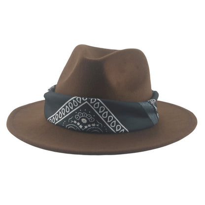 Paisley Ribbon Wide Brim Woolen Top Hat Felt Cowboy Hat - Urban Caps 