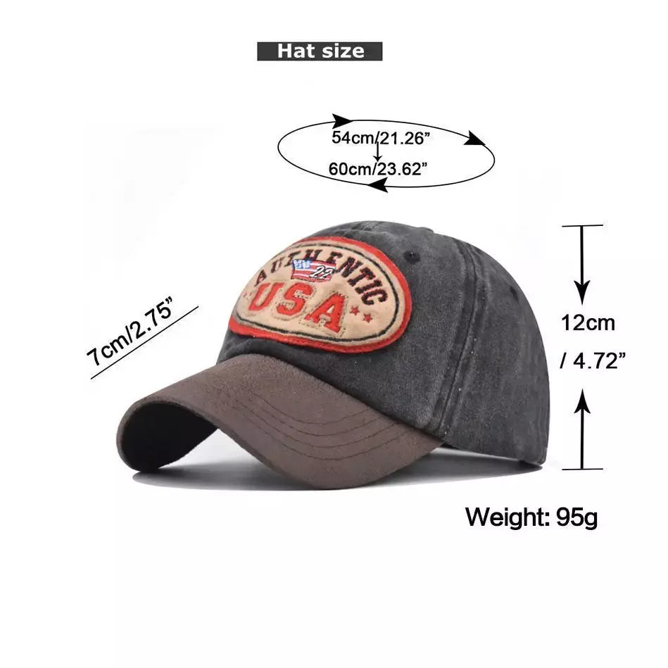 Authentic USA Washed Cotton Baseball Cap - Embroidered Details, Classic Casual Cap