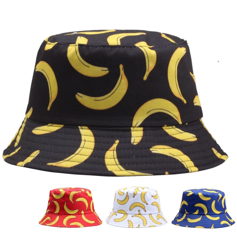 Banana Print Bucket Hat - Reversible Cotton Sun Hat With Banana Print For Casual Days