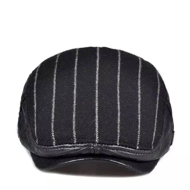 Berlin Striped Black Flat Cap - Leather