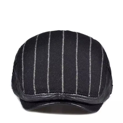 Berlin Striped Black Flat Cap - Leather