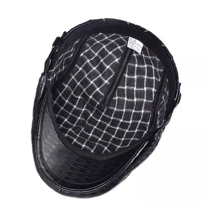 Berlin Striped Black Flat Cap - Leather