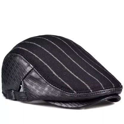 Berlin Striped Black Flat Cap - Leather