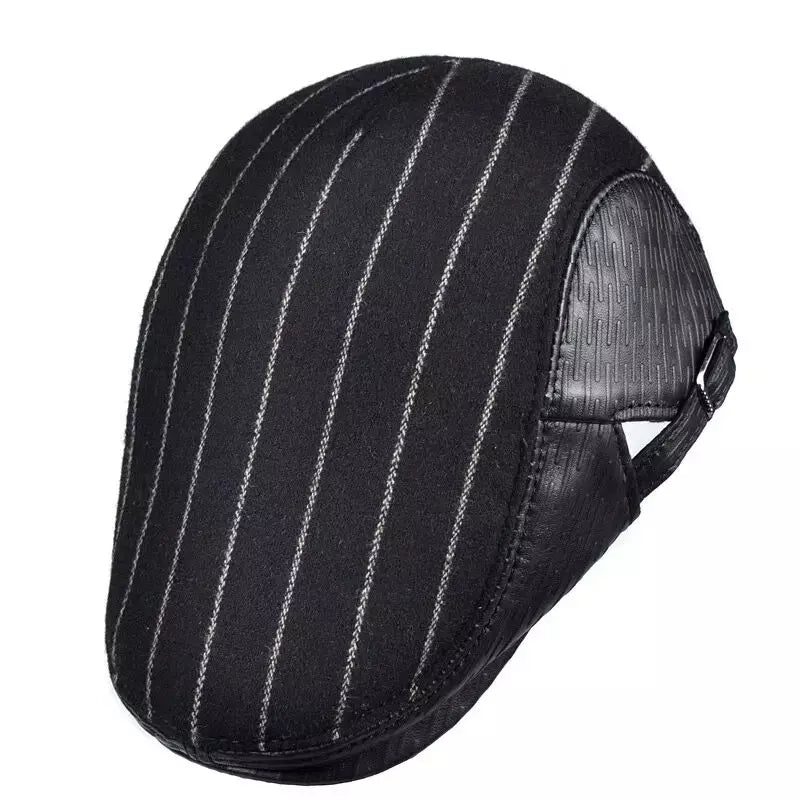 Berlin Striped Black Flat Cap - Leather