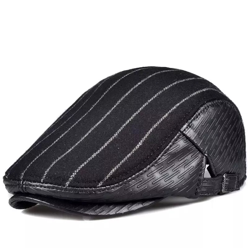 Berlin Striped Black Flat Cap - Leather