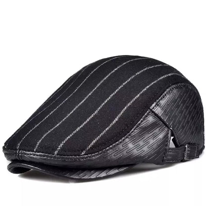 Berlin Striped Black Flat Cap - Leather