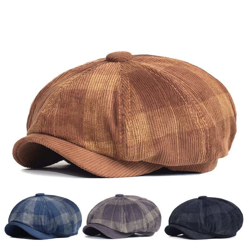 Beynac Plaid Corduroy Newsboy Cap - Classic Plaid Cotton Corduroy Cap For Timeless Style