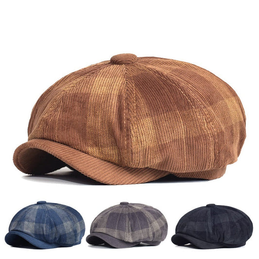 Beynac Plaid Corduroy Newsboy Cap - Classic Plaid Cotton Corduroy Cap For Timeless Style