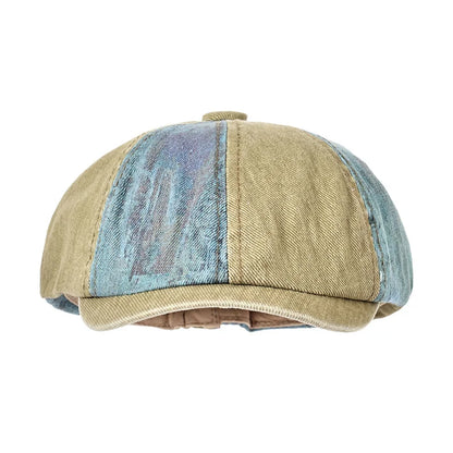 Bicolor Patchwork Denim Newsboy Cap - Two Tone Patchwork Denim With Newsboy Silhouette