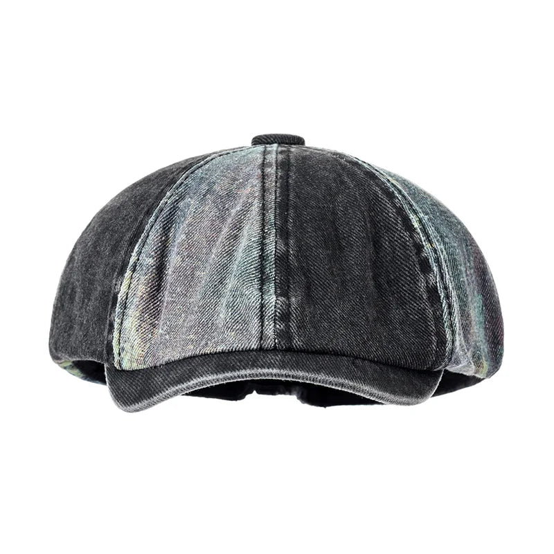 Bicolor Patchwork Denim Newsboy Cap - Two Tone Patchwork Denim With Newsboy Silhouette