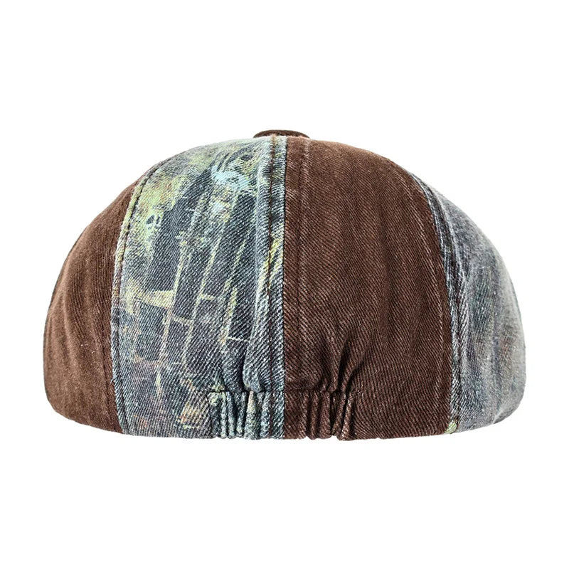 Bicolor Patchwork Denim Newsboy Cap - Two Tone Patchwork Denim With Newsboy Silhouette