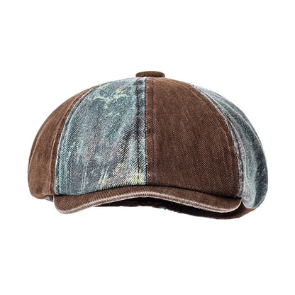 Bicolor Patchwork Denim Newsboy Cap - Two Tone Patchwork Denim With Newsboy Silhouette