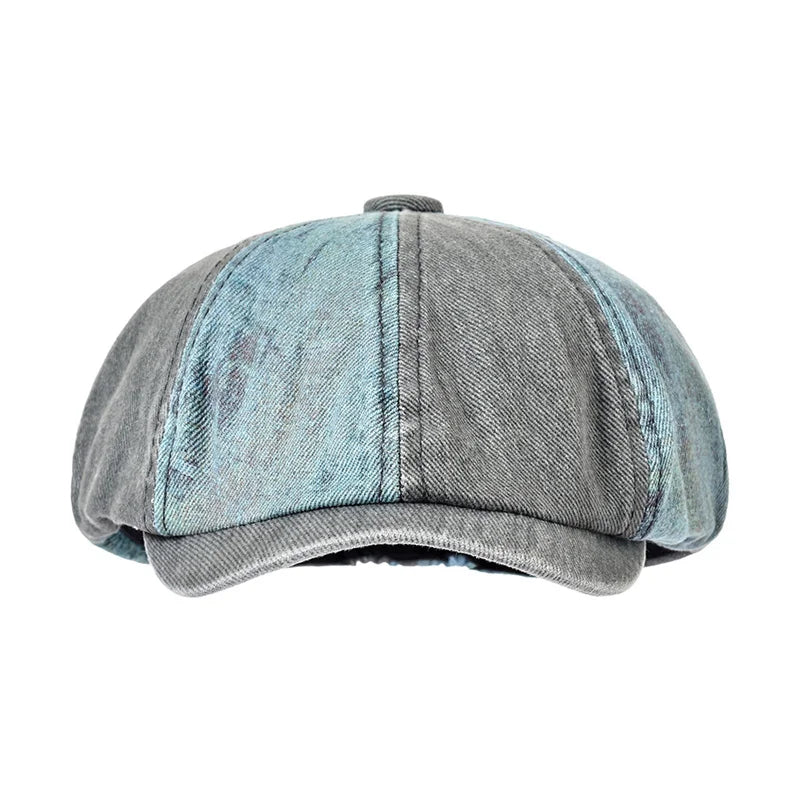 Bicolor Patchwork Denim Newsboy Cap - Two Tone Patchwork Denim With Newsboy Silhouette