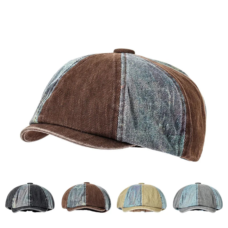 Bicolor Patchwork Denim Newsboy Cap - Two Tone Patchwork Denim With Newsboy Silhouette
