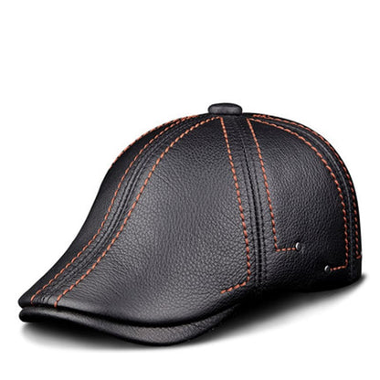 Black Genuine Leather Duckbill Cap - Timeless Cowhide Hat For Modern Street Style