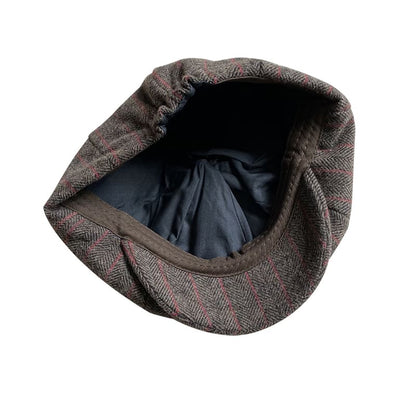 Brown Herringbone And Striped Wool Newsboy Cap - Timeless Wool Cap With Subtle Red Stripes