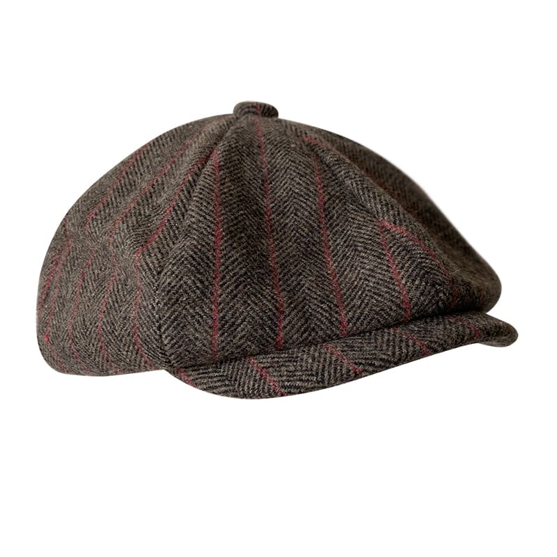 Brown Herringbone And Striped Wool Newsboy Cap - Timeless Wool Cap With Subtle Red Stripes