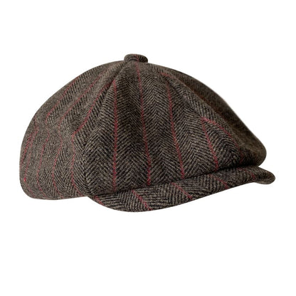 Brown Herringbone And Striped Wool Newsboy Cap - Timeless Wool Cap With Subtle Red Stripes