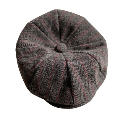 Brown Herringbone And Striped Wool Newsboy Cap - Timeless Wool Cap With Subtle Red Stripes