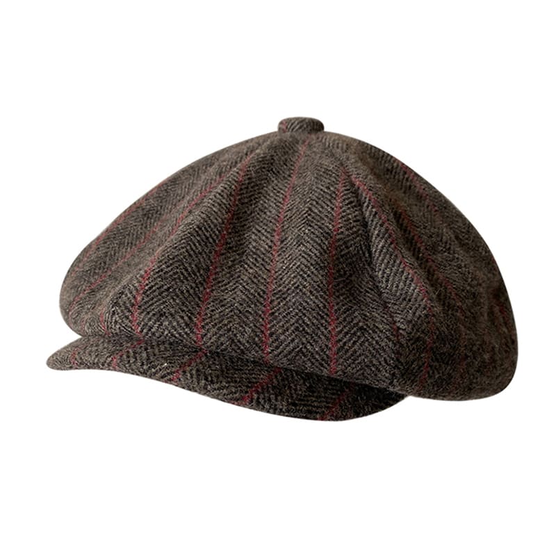Brown Herringbone And Striped Wool Newsboy Cap - Timeless Wool Cap With Subtle Red Stripes