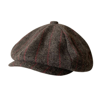 Brown Herringbone And Striped Wool Newsboy Cap - Timeless Wool Cap With Subtle Red Stripes