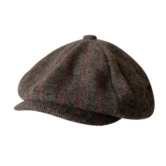 Brown Herringbone And Striped Wool Newsboy Cap - Timeless Wool Cap With Subtle Red Stripes