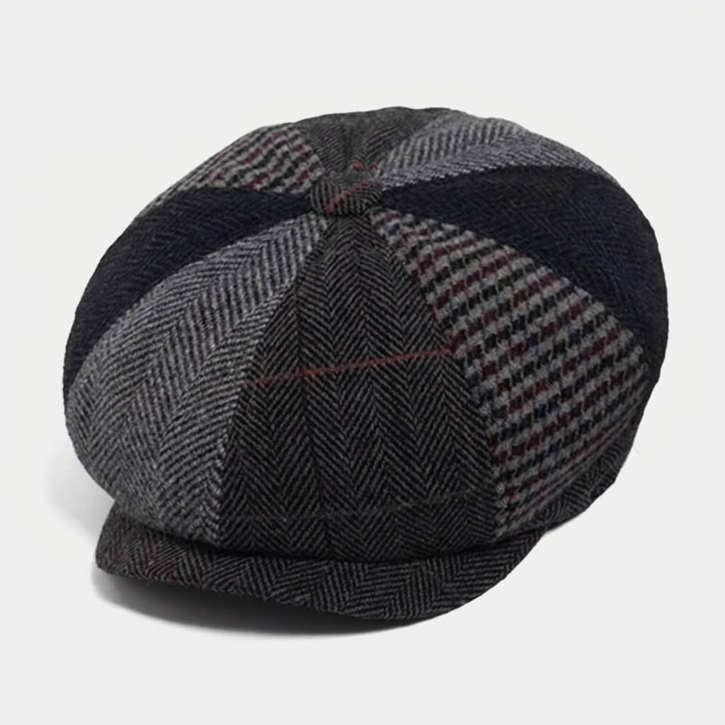 Vintage Newsboy Cap With Tonal Herringbone Check Patchwork - Urban Caps