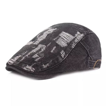 Classic Ripped Denim Flat Cap - Casual Denim Flat Cap With Rugged Street-Ready Edge