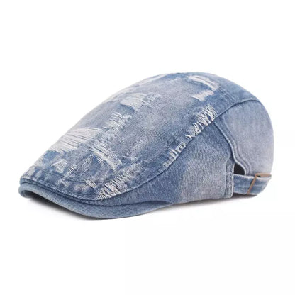 Classic Ripped Denim Flat Cap - Casual Denim Flat Cap With Rugged Street-Ready Edge
