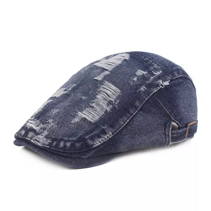 Classic Ripped Denim Flat Cap - Casual Denim Flat Cap With Rugged Street-Ready Edge