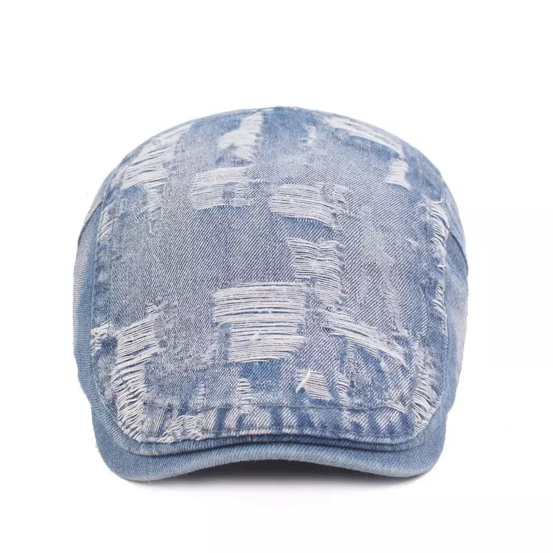 Classic Ripped Denim Flat Cap - Casual Denim Flat Cap With Rugged Street-Ready Edge
