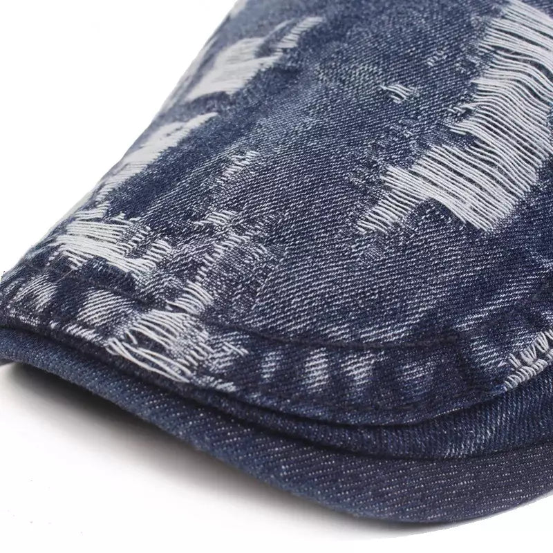 Classic Ripped Denim Flat Cap - Casual Denim Flat Cap With Rugged Street-Ready Edge