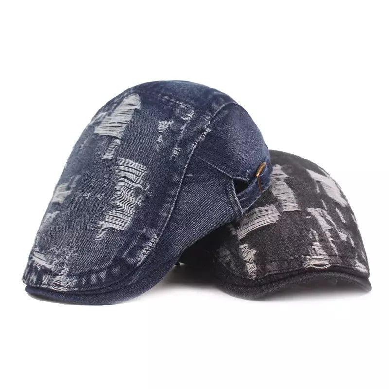 Classic Ripped Denim Flat Cap - Casual Denim Flat Cap With Rugged Street-Ready Edge