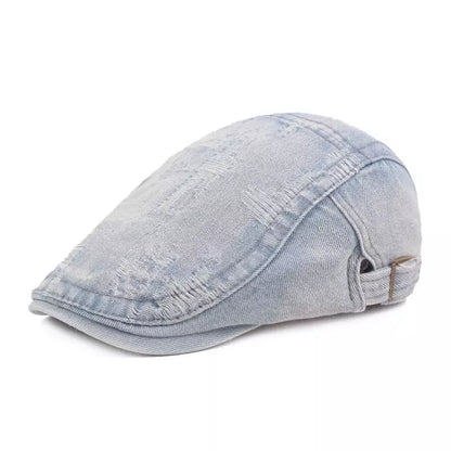 Classic Ripped Denim Flat Cap - Casual Denim Flat Cap With Rugged Street-Ready Edge