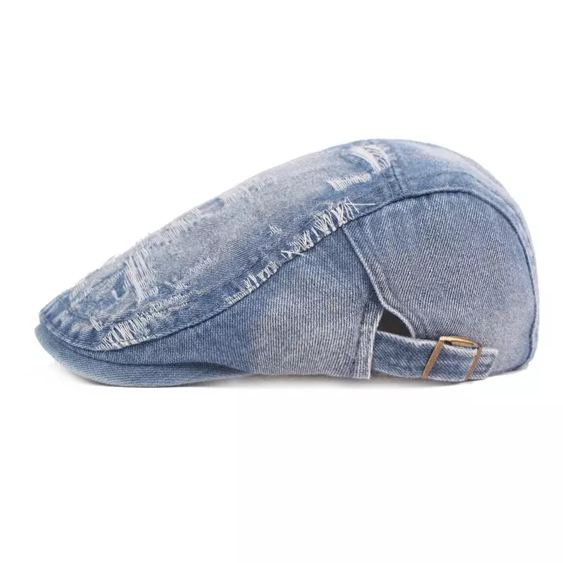 Classic Ripped Denim Flat Cap - Casual Denim Flat Cap With Rugged Street-Ready Edge