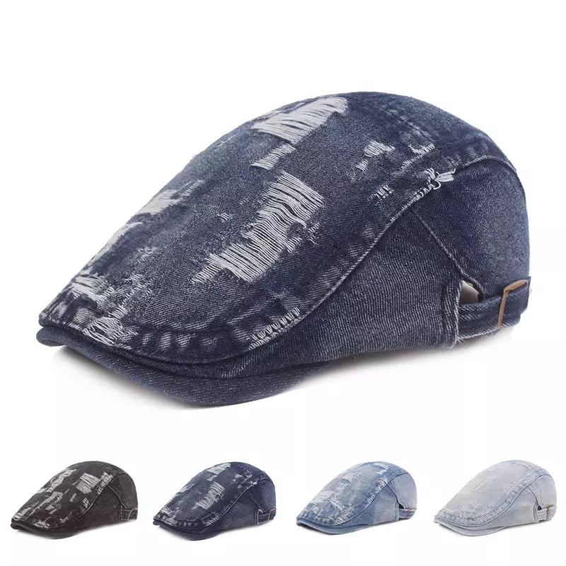 Classic Ripped Denim Flat Cap - Casual Denim Flat Cap With Rugged Street-Ready Edge