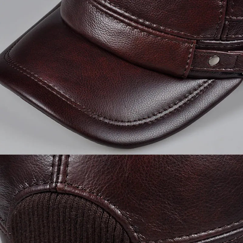 Dayton Genuine Leather Army Cap with Earflaps – Winter Warm Military Hat