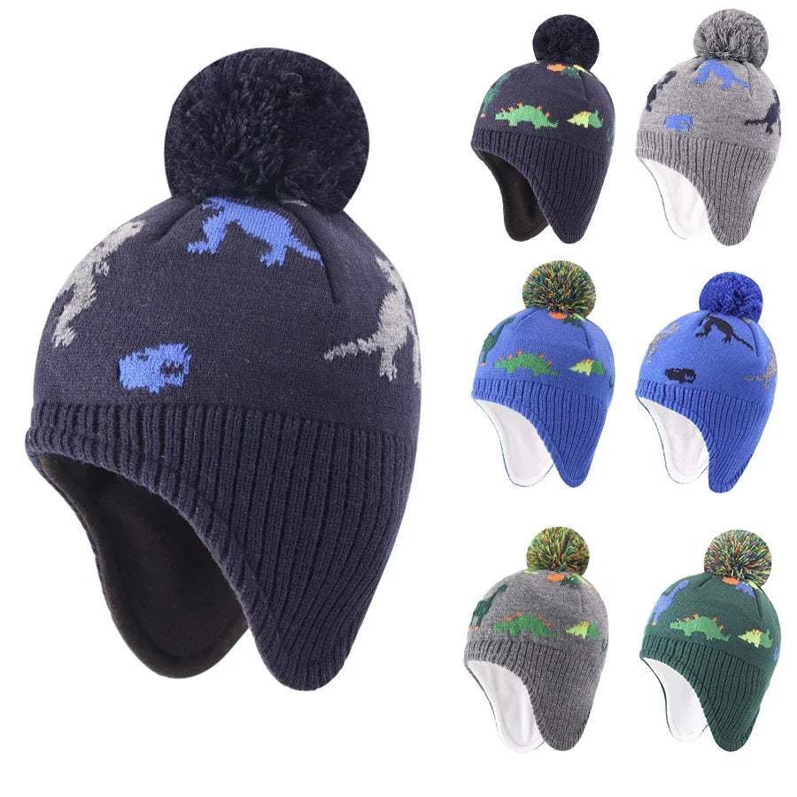 Dinosaurs Earflaps Beanie Pom-Pom for Kids Winter - Urban Caps