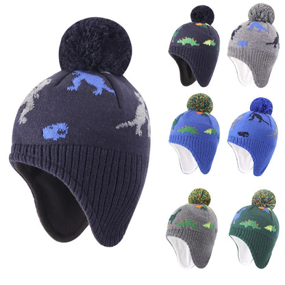 Dinosaurs Earflaps Beanie Pom-Pom for Kids Winter - Urban Caps