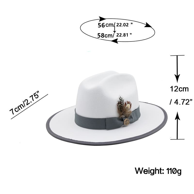 Feathers White Wool Fedora Hat - Classic Wool Fedora With Pheasant Feather Accent