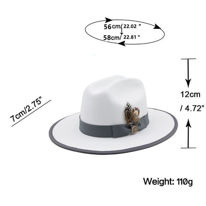 Feathers White Wool Fedora Hat - Classic Wool Fedora With Pheasant Feather Accent