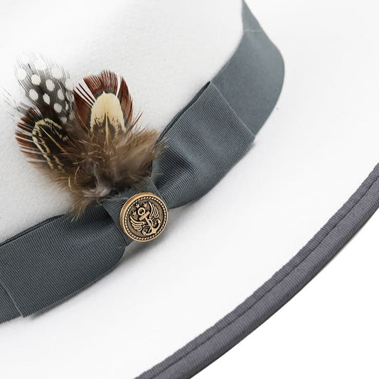 Feathers White Wool Fedora Hat - Classic Wool Fedora With Pheasant Feather Accent