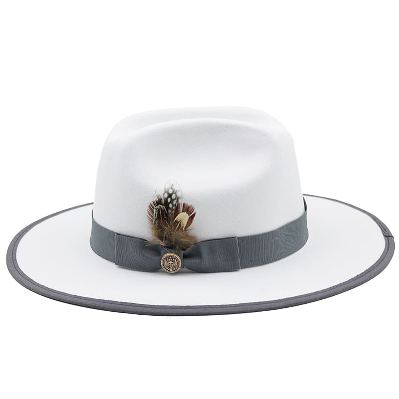 Feathers White Wool Fedora Hat - Classic Wool Fedora With Pheasant Feather Accent